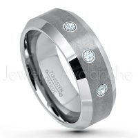 0.21ctw Aquamarine 3-Stone Tungsten Ring - March Birthstone Ring - 8mm Tungsten Wedding Band - Brushed Finish Comfort Fit Tungsten Carbide Ring - Beveled Edge Tungsten Anniversary Ring TN003-AQM