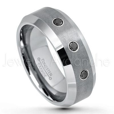 0.21ctw Black & White Diamond 3-Stone Tungsten Ring - April Birthstone Ring - 8mm Tungsten Wedding Band - Brushed Finish Comfort Fit Tungsten Carbide Ring - Beveled Edge Tungsten Anniversary Ring TN003-BD