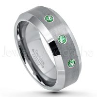 0.21ctw Emerald 3-Stone Tungsten Ring - May Birthstone Ring - 8mm Tungsten Wedding Band - Brushed Finish Comfort Fit Tungsten Carbide Ring - Beveled Edge Tungsten Anniversary Ring TN003-ED