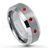 0.21ctw Garnet 3-Stone Tungsten Ring - January Birthstone Ring - 8mm Tungsten Wedding Band - Brushed Finish Comfort Fit Tungsten Carbide Ring - Beveled Edge Tungsten Anniversary Ring TN003-GR