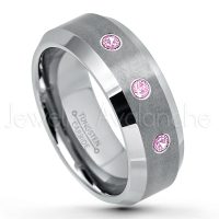 0.21ctw Pink Tourmaline 3-Stone Tungsten Ring - October Birthstone Ring - 8mm Tungsten Wedding Band - Brushed Finish Comfort Fit Tungsten Carbide Ring - Beveled Edge Tungsten Anniversary Ring TN003-PTM