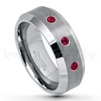 0.21ctw Ruby & Diamond 3-Stone Tungsten Ring - July Birthstone Ring - 8mm Tungsten Wedding Band - Brushed Finish Comfort Fit Tungsten Carbide Ring - Beveled Edge Tungsten Anniversary Ring TN003-RB