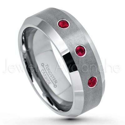 0.07ctw Ruby Tungsten Ring - July Birthstone Ring - 8mm Tungsten Wedding Band - Brushed Finish Comfort Fit Tungsten Carbide Ring - Beveled Edge Tungsten Anniversary Ring TN003-RB