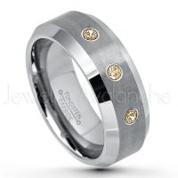 0.21ctw Smokey Quartz 3-Stone Tungsten Ring - November Birthstone Ring - 8mm Tungsten Wedding Band - Brushed Finish Comfort Fit Tungsten Carbide Ring - Beveled Edge Tungsten Anniversary Ring TN003-SMQ
