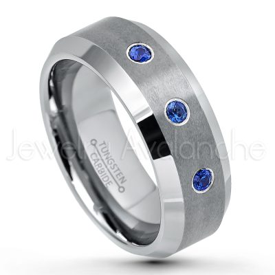 0.07ctw Blue Sapphire Tungsten Ring - September Birthstone Ring - 8mm Tungsten Wedding Band - Brushed Finish Comfort Fit Tungsten Carbide Ring - Beveled Edge Tungsten Anniversary Ring TN003-SP