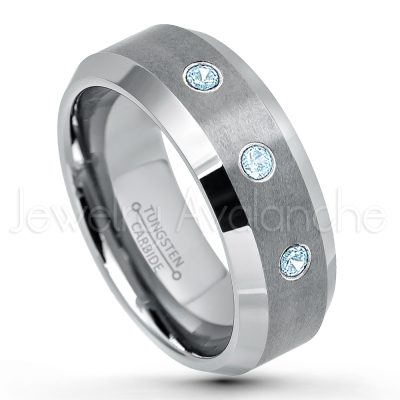 0.21ctw Topaz & Diamond 3-Stone Tungsten Ring - November Birthstone Ring - 8mm Tungsten Wedding Band - Brushed Finish Comfort Fit Tungsten Carbide Ring - Beveled Edge Tungsten Anniversary Ring TN003-TP