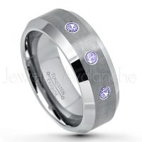 0.21ctw Tanzanite 3-Stone Tungsten Ring - December Birthstone Ring - 8mm Tungsten Wedding Band - Brushed Finish Comfort Fit Tungsten Carbide Ring - Beveled Edge Tungsten Anniversary Ring TN003-TZN
