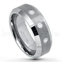 0.21ctw Diamond 3-Stone Tungsten Ring - April Birthstone Ring - 8mm Tungsten Wedding Band - Brushed Finish Comfort Fit Tungsten Carbide Ring - Beveled Edge Tungsten Anniversary Ring TN003-WD