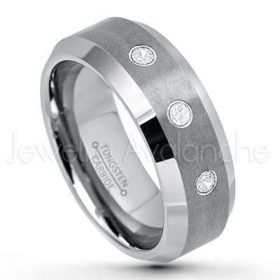 0.21ctw White & Black Diamond 3-Stone Tungsten Ring - April Birthstone Ring - 8mm Tungsten Wedding Band - Brushed Finish Comfort Fit Tungsten Carbide Ring - Beveled Edge Tungsten Anniversary Ring TN003-WD
