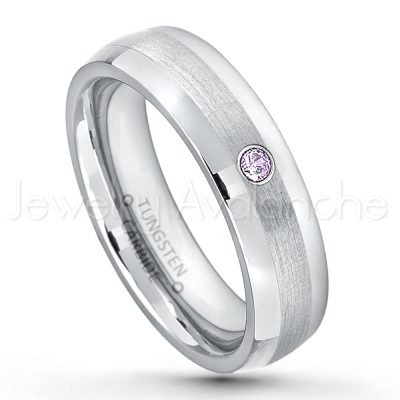0.21ctw Amethyst & Diamond 3-Stone Tungsten Ring - February Birthstone Ring - 6mm Tungsten Wedding Band - Polished and Brushed Comfort Fit Tungsten Carbide Ring - Classic Dome Tungsten Ring TN006-AMT