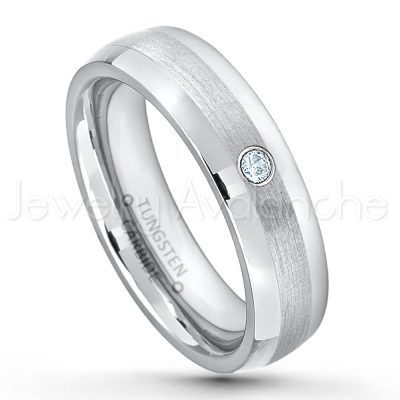 0.21ctw Aquamarine 3-Stone Tungsten Ring - March Birthstone Ring - 6mm Tungsten Wedding Band - Polished and Brushed Comfort Fit Tungsten Carbide Ring - Classic Dome Tungsten Ring TN006-AQM