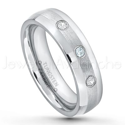 0.07ctw Aquamarine Tungsten Ring - March Birthstone Ring - 6mm Tungsten Wedding Band - Polished and Brushed Comfort Fit Tungsten Carbide Ring - Classic Dome Tungsten Ring TN006-AQM