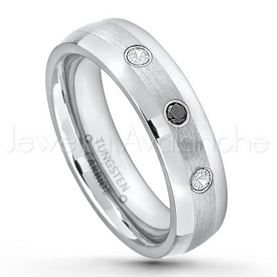 0.21ctw Diamond 3-Stone Tungsten Ring - April Birthstone Ring - 6mm Tungsten Wedding Band - Polished and Brushed Comfort Fit Tungsten Carbide Ring - Classic Dome Tungsten Ring TN006-WD