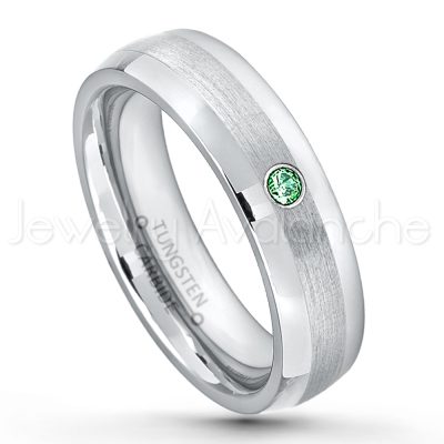 0.21ctw Emerald & Diamond 3-Stone Tungsten Ring - May Birthstone Ring - 6mm Tungsten Wedding Band - Polished and Brushed Comfort Fit Tungsten Carbide Ring - Classic Dome Tungsten Ring TN006-ED