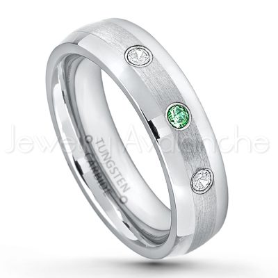 0.21ctw Emerald 3-Stone Tungsten Ring - May Birthstone Ring - 6mm Tungsten Wedding Band - Polished and Brushed Comfort Fit Tungsten Carbide Ring - Classic Dome Tungsten Ring TN006-ED