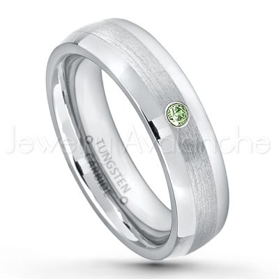 0.21ctw Green Tourmaline & Diamond 3-Stone Tungsten Ring - October Birthstone Ring - 6mm Tungsten Wedding Band - Polished and Brushed Comfort Fit Tungsten Carbide Ring - Classic Dome Tungsten Ring TN006-GTM