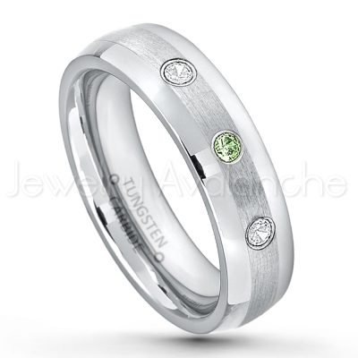 0.21ctw Green Tourmaline 3-Stone Tungsten Ring - October Birthstone Ring - 6mm Tungsten Wedding Band - Polished and Brushed Comfort Fit Tungsten Carbide Ring - Classic Dome Tungsten Ring TN006-GTM