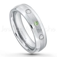 0.21ctw Green Tourmaline & Diamond 3-Stone Tungsten Ring - October Birthstone Ring - 6mm Tungsten Wedding Band - Polished and Brushed Comfort Fit Tungsten Carbide Ring - Classic Dome Tungsten Ring TN006-GTM