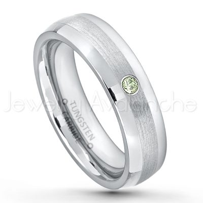 0.21ctw Peridot & Diamond 3-Stone Tungsten Ring - August Birthstone Ring - 6mm Tungsten Wedding Band - Polished and Brushed Comfort Fit Tungsten Carbide Ring - Classic Dome Tungsten Ring TN006-PD