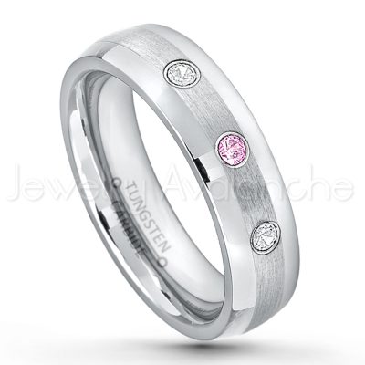 0.21ctw Pink Tourmaline 3-Stone Tungsten Ring - October Birthstone Ring - 6mm Tungsten Wedding Band - Polished and Brushed Comfort Fit Tungsten Carbide Ring - Classic Dome Tungsten Ring TN006-PTM