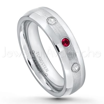 0.07ctw Ruby Tungsten Ring - July Birthstone Ring - 6mm Tungsten Wedding Band - Polished and Brushed Comfort Fit Tungsten Carbide Ring - Classic Dome Tungsten Ring TN006-RB