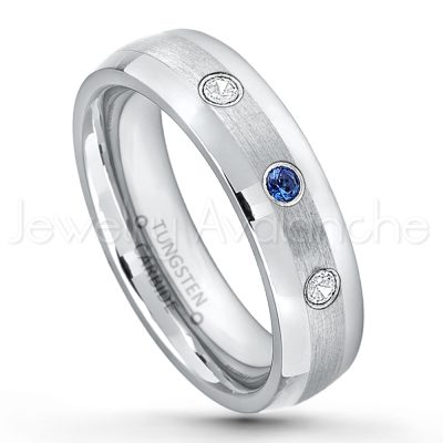 0.21ctw Blue Sapphire 3-Stone Tungsten Ring - September Birthstone Ring - 6mm Tungsten Wedding Band - Polished and Brushed Comfort Fit Tungsten Carbide Ring - Classic Dome Tungsten Ring TN006-SP