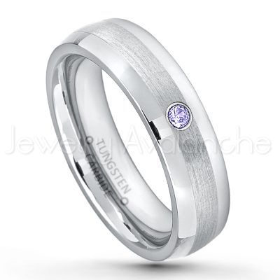 0.21ctw Tanzanite 3-Stone Tungsten Ring - December Birthstone Ring - 6mm Tungsten Wedding Band - Polished and Brushed Comfort Fit Tungsten Carbide Ring - Classic Dome Tungsten Ring TN006-TZN
