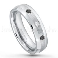 0.21ctw White & Black Diamond 3-Stone Tungsten Ring - April Birthstone Ring - 6mm Tungsten Wedding Band - Polished and Brushed Comfort Fit Tungsten Carbide Ring - Classic Dome Tungsten Ring TN006-WD