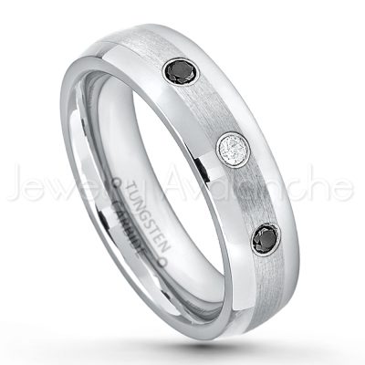 0.21ctw Black & White Diamond 3-Stone Tungsten Ring - April Birthstone Ring - 6mm Tungsten Wedding Band - Polished and Brushed Comfort Fit Tungsten Carbide Ring - Classic Dome Tungsten Ring TN006-BD
