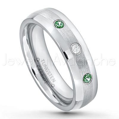 0.07ctw Emerald Tungsten Ring - May Birthstone Ring - 6mm Tungsten Wedding Band - Polished and Brushed Comfort Fit Tungsten Carbide Ring - Classic Dome Tungsten Ring TN006-ED