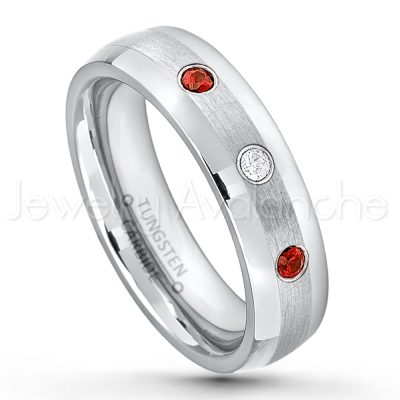 0.21ctw Garnet 3-Stone Tungsten Ring - January Birthstone Ring - 6mm Tungsten Wedding Band - Polished and Brushed Comfort Fit Tungsten Carbide Ring - Classic Dome Tungsten Ring TN006-GR
