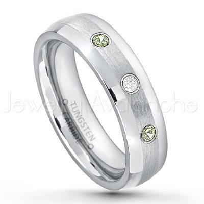 0.07ctw Peridot Tungsten Ring - August Birthstone Ring - 6mm Tungsten Wedding Band - Polished and Brushed Comfort Fit Tungsten Carbide Ring - Classic Dome Tungsten Ring TN006-PD