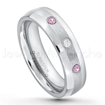 0.21ctw Pink Tourmaline & Diamond 3-Stone Tungsten Ring - October Birthstone Ring - 6mm Tungsten Wedding Band - Polished and Brushed Comfort Fit Tungsten Carbide Ring - Classic Dome Tungsten Ring TN006-PTM
