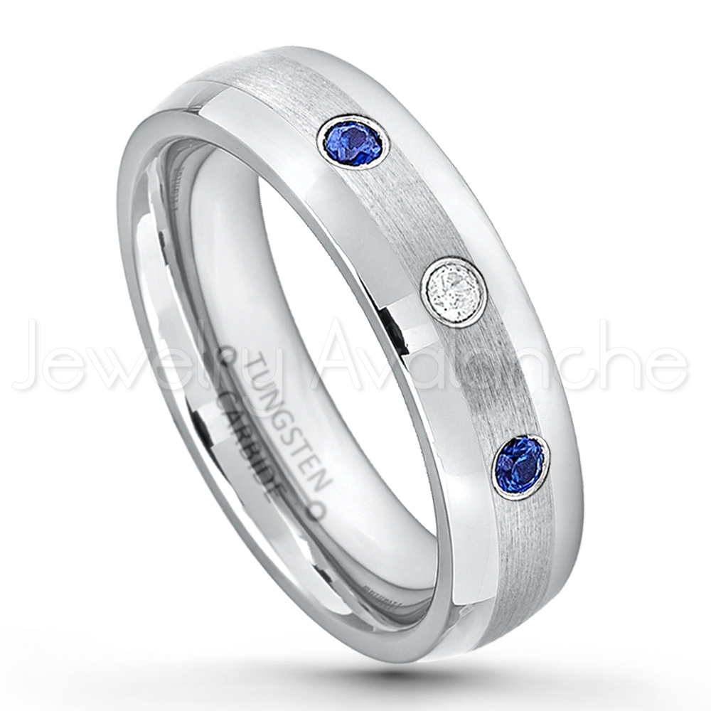 0.21ctw Blue Sapphire 3-Stone Titanium Ring 8MM Brushed Finish Comfort Fit Beveled Edge White Wedding Band September Birthstone Ring