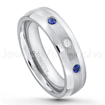 0.07ctw Blue Sapphire Tungsten Ring - September Birthstone Ring - 6mm Tungsten Wedding Band - Polished and Brushed Comfort Fit Tungsten Carbide Ring - Classic Dome Tungsten Ring TN006-SP