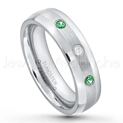 0.21ctw Tsavorite 3-Stone Tungsten Ring - January Birthstone Ring - 6mm Tungsten Wedding Band - Polished and Brushed Comfort Fit Tungsten Carbide Ring - Classic Dome Tungsten Ring TN006-TVR