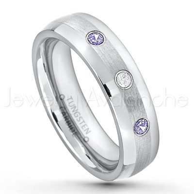 0.07ctw Tanzanite Tungsten Ring - December Birthstone Ring - 6mm Tungsten Wedding Band - Polished and Brushed Comfort Fit Tungsten Carbide Ring - Classic Dome Tungsten Ring TN006-TZN