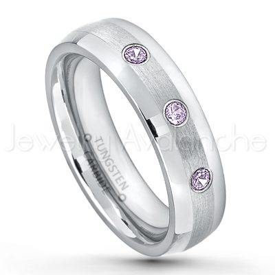 0.07ctw Amethyst Tungsten Ring - February Birthstone Ring - 6mm Tungsten Wedding Band - Polished and Brushed Comfort Fit Tungsten Carbide Ring - Classic Dome Tungsten Ring TN006-AMT