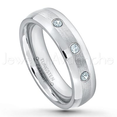 0.21ctw Aquamarine & Diamond 3-Stone Tungsten Ring - March Birthstone Ring - 6mm Tungsten Wedding Band - Polished and Brushed Comfort Fit Tungsten Carbide Ring - Classic Dome Tungsten Ring TN006-AQM