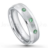 0.21ctw Emerald 3-Stone Tungsten Ring - May Birthstone Ring - 6mm Tungsten Wedding Band - Polished and Brushed Comfort Fit Tungsten Carbide Ring - Classic Dome Tungsten Ring TN006-ED