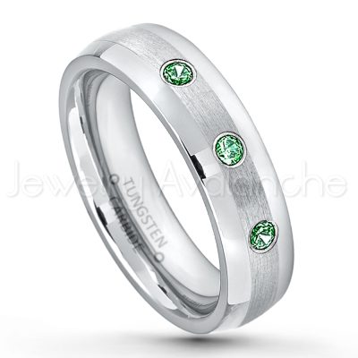 0.07ctw Emerald Tungsten Ring - May Birthstone Ring - 6mm Tungsten Wedding Band - Polished and Brushed Comfort Fit Tungsten Carbide Ring - Classic Dome Tungsten Ring TN006-ED