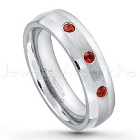 0.21ctw Garnet 3-Stone Tungsten Ring - January Birthstone Ring - 6mm Tungsten Wedding Band - Polished and Brushed Comfort Fit Tungsten Carbide Ring - Classic Dome Tungsten Ring TN006-GR