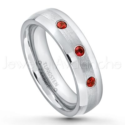 0.21ctw Garnet & Diamond 3-Stone Tungsten Ring - January Birthstone Ring - 6mm Tungsten Wedding Band - Polished and Brushed Comfort Fit Tungsten Carbide Ring - Classic Dome Tungsten Ring TN006-GR