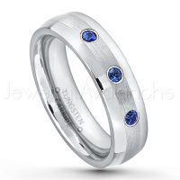 0.21ctw Blue Sapphire 3-Stone Tungsten Ring - September Birthstone Ring - 6mm Tungsten Wedding Band - Polished and Brushed Comfort Fit Tungsten Carbide Ring - Classic Dome Tungsten Ring TN006-SP