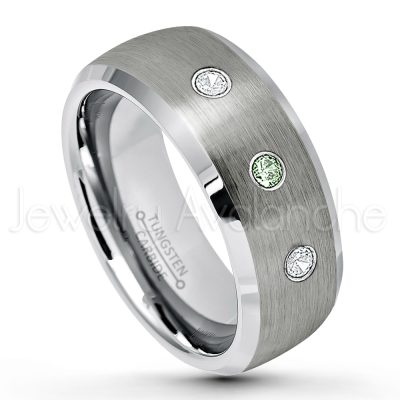 0.21ctw Alexandrite & Diamond 3-Stone Tungsten Ring - June Birthstone Ring - 8mm Tungsten Wedding Band - Brushed Finish Semi-Dome Comfort Fit Tungsten Carbide Ring - Beveled Edge Tungsten Anniversary Ring TN007-ALX