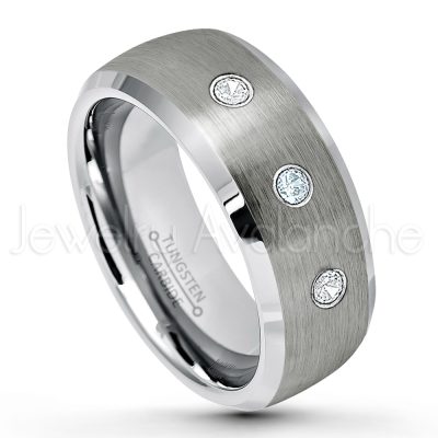 0.21ctw Aquamarine 3-Stone Tungsten Ring - March Birthstone Ring - 8mm Tungsten Wedding Band - Brushed Finish Semi-Dome Comfort Fit Tungsten Carbide Ring - Beveled Edge Tungsten Anniversary Ring TN007-AQM