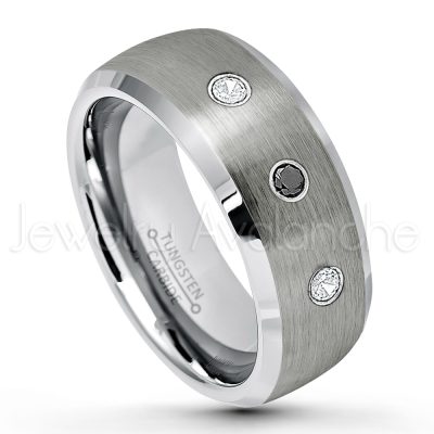 0.21ctw White & Black Diamond 3-Stone Tungsten Ring - April Birthstone Ring - 8mm Tungsten Wedding Band - Brushed Finish Semi-Dome Comfort Fit Tungsten Carbide Ring - Beveled Edge Tungsten Anniversary Ring TN007-WD