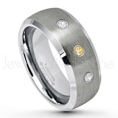 0.21ctw Citrine & Diamond 3-Stone Tungsten Ring - November Birthstone Ring - 8mm Tungsten Wedding Band - Brushed Finish Semi-Dome Comfort Fit Tungsten Carbide Ring - Beveled Edge Tungsten Anniversary Ring TN007-CN
