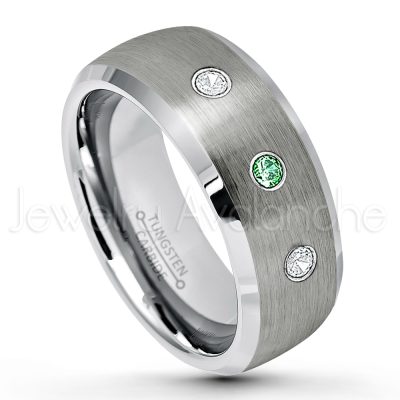 0.21ctw Emerald & Diamond 3-Stone Tungsten Ring - May Birthstone Ring - 8mm Tungsten Wedding Band - Brushed Finish Semi-Dome Comfort Fit Tungsten Carbide Ring - Beveled Edge Tungsten Anniversary Ring TN007-ED