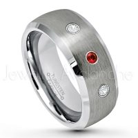 0.21ctw Garnet & Diamond 3-Stone Tungsten Ring - January Birthstone Ring - 8mm Tungsten Wedding Band - Brushed Finish Semi-Dome Comfort Fit Tungsten Carbide Ring - Beveled Edge Tungsten Anniversary Ring TN007-GR